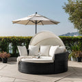 Round Patio Recliner Rattan Daybed with Cushion and Canopy 180cm x 180cm x 150cm - Black/White