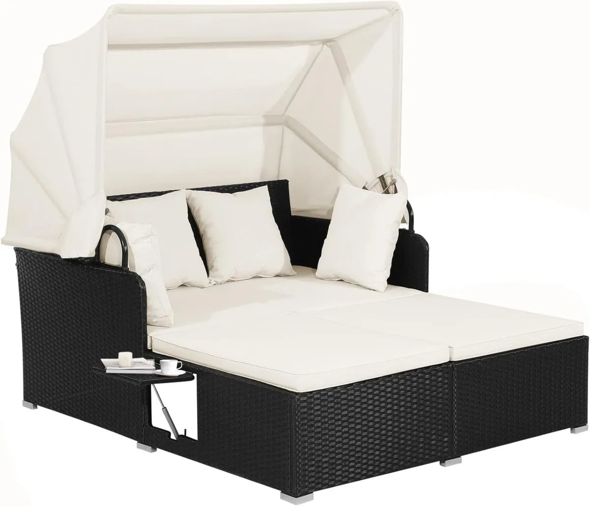 Lettino Matrimoniale in Rattan con Tettuccio e Cuscini, Elegante Divano da Giardino