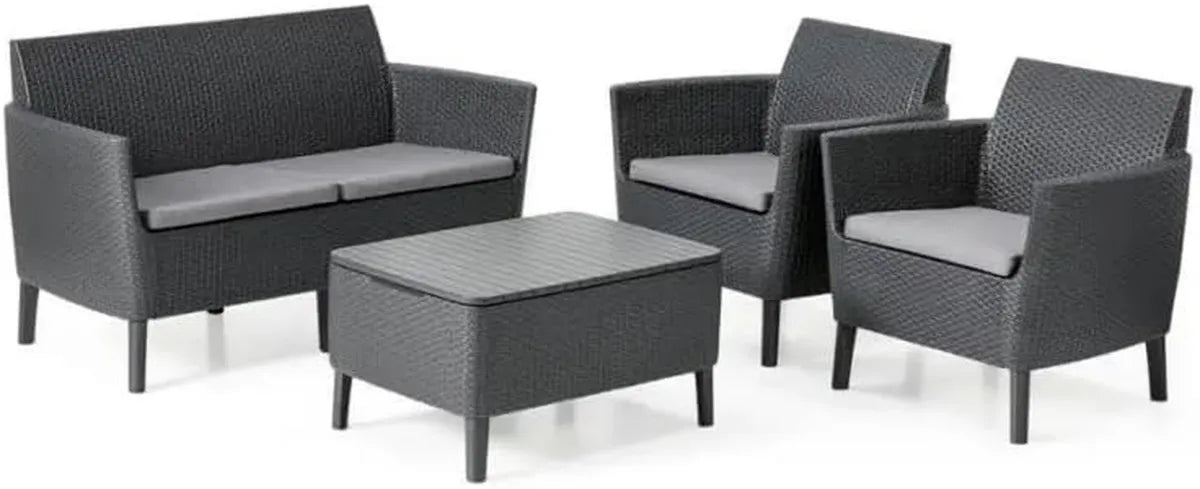 Set Salotto da Giardino Keter Salemo in Rattan, Divano 2 Posti, 2 Poltrone e Tavolino con Contenitore Cuscini, Colore Grafite