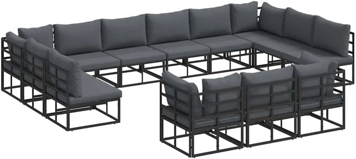 Set Salotto da Giardino in Alluminio Nero con Cuscini, 13 Pezzi