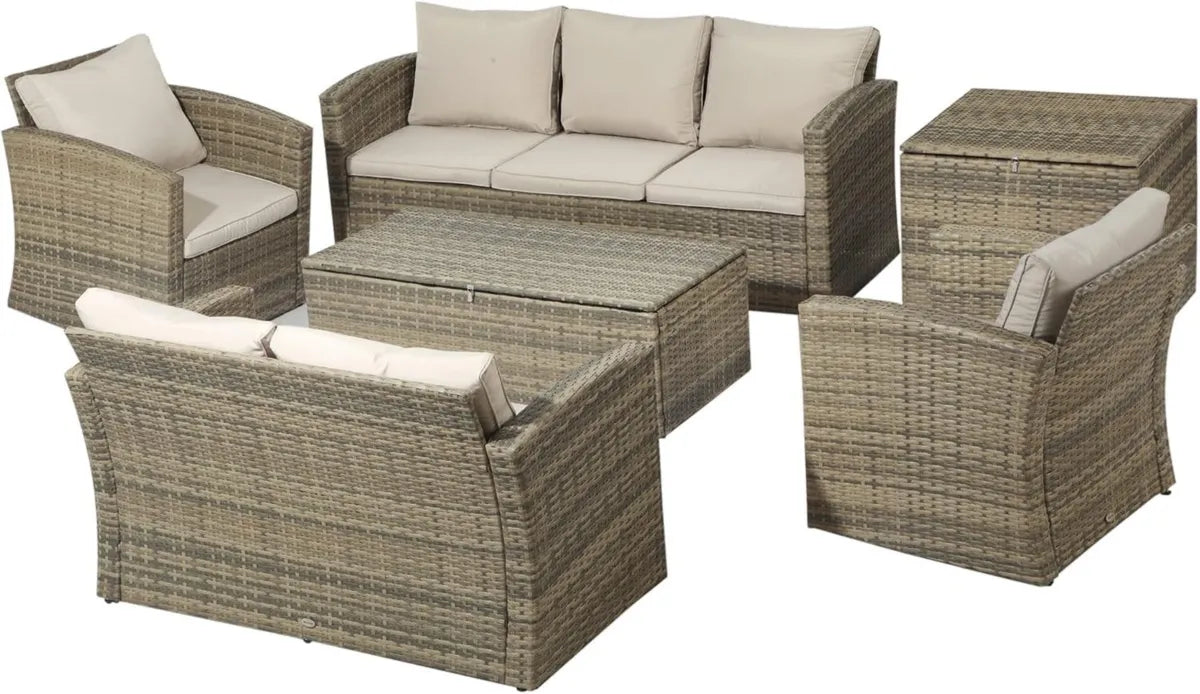 Outsunny Set da Giardino in Rattan 6 Pezzi, Salotto con Divani e Poltrone per 7 Persone, Beige