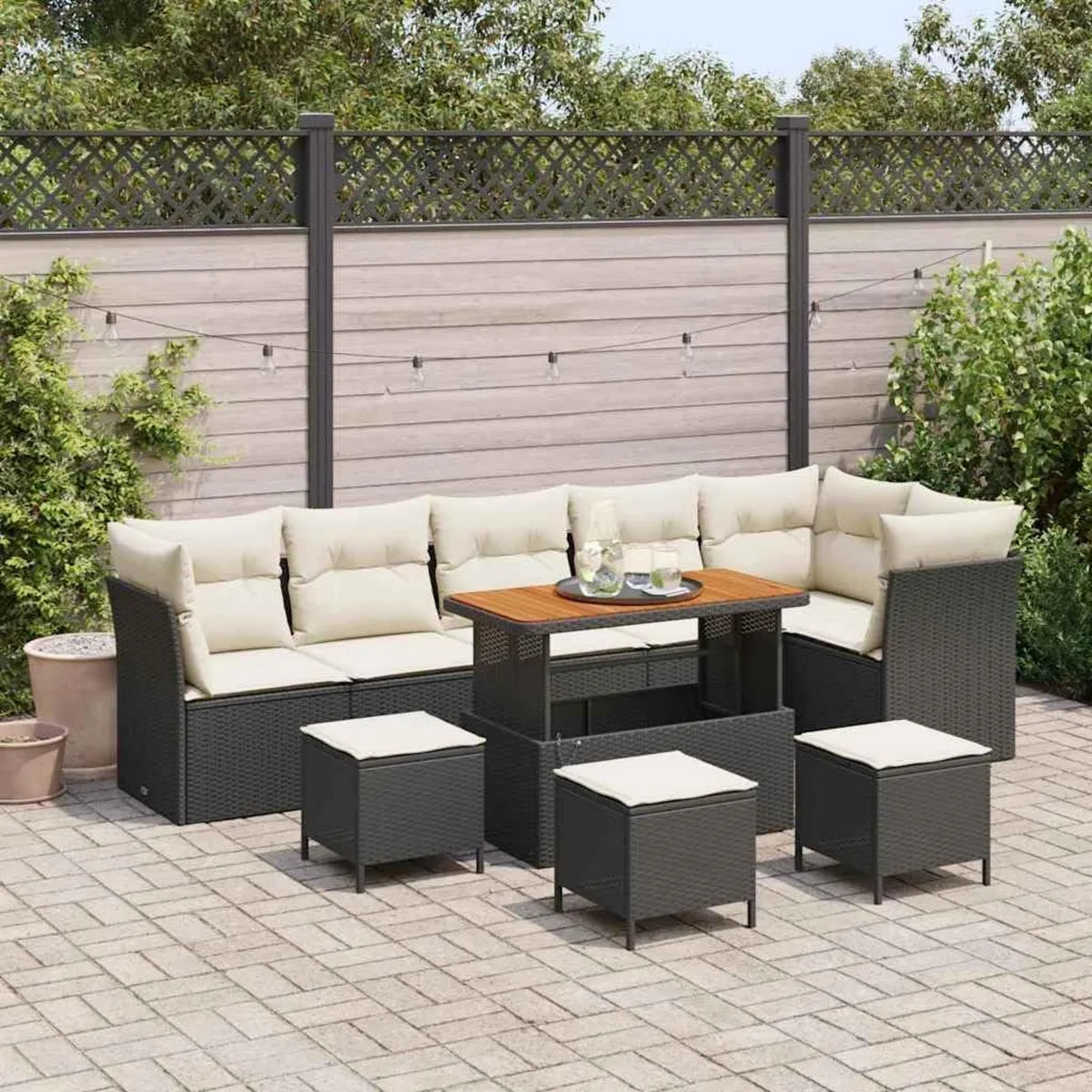 Set divano da giardino in rattan sintetico con cuscini impermeabili e struttura in acciaio per esterni