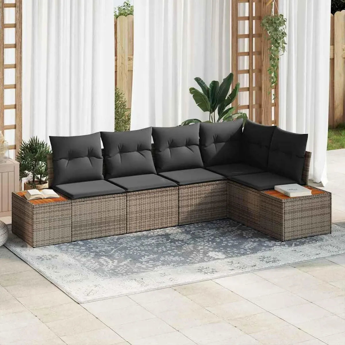 Set di Divani da Giardino Modulare in Polyrattan Grigio con Cuscini
