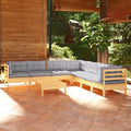 Set salotto da giardino 8 pezzi in legno di pino con cuscini grigi