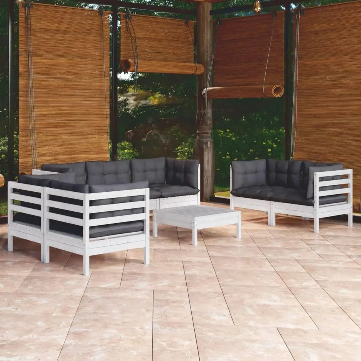 Set mobili da giardino 8 pezzi in legno di pino con cuscini