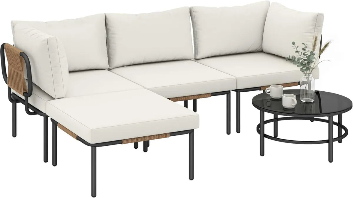 Set Mobili da Giardino in Rattan 5 Pezzi con Cuscini Lavabili, Tavolo in Vetro e Struttura in Acciaio