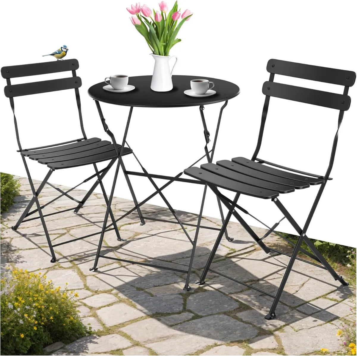 Set Bistrot da Giardino per 2 Persone in Acciaio - Tavolo e Sedie Pieghevoli Eleganti