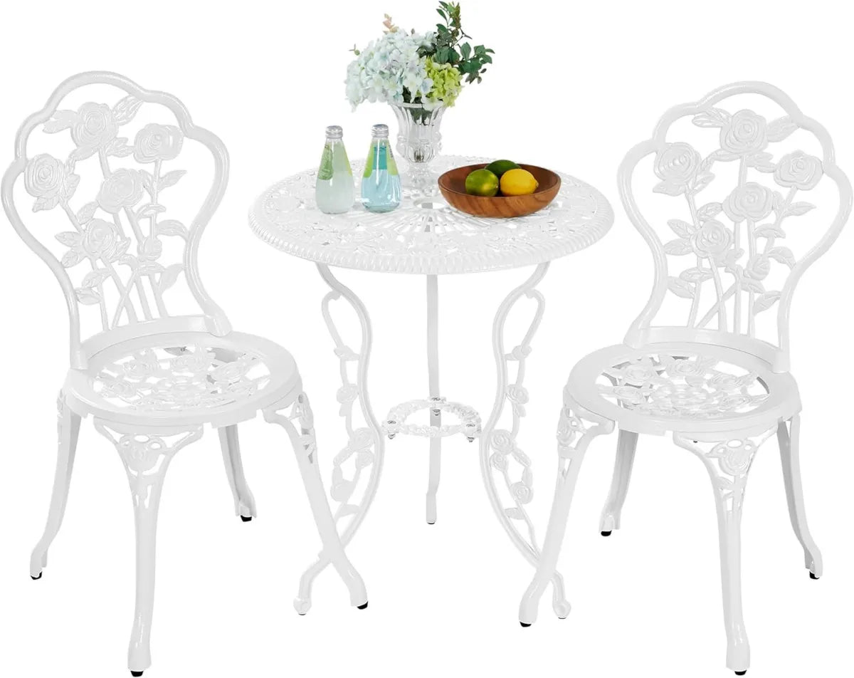 Set da Giardino 3 Pezzi con Tavolo e Sedie in Alluminio Bianco, Motivo Rosa Vintage