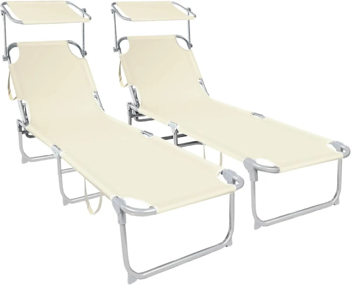 Sdraio da Giardino Pieghevole con Tettuccio, Set di 2 Lettini Prendisole Regolabili, Ideali per Balcone e Piscina, Beige
