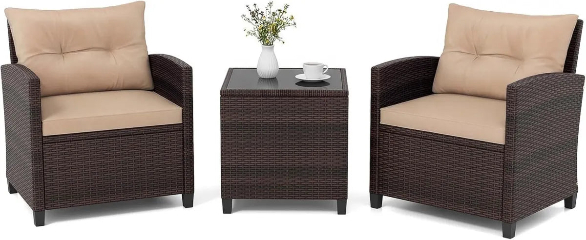 Set Salotto da Giardino in Rattan, 3 Pezzi: 1 Tavolo, 2 Poltrone con Cuscini, Ideale per Balcone e Terrazza
