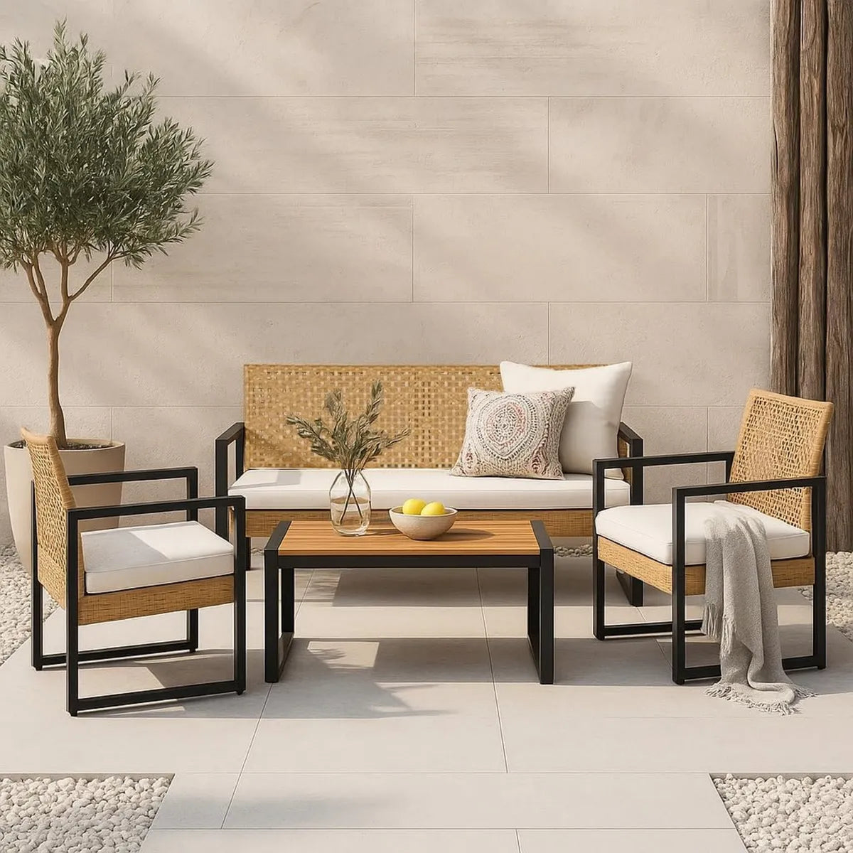 Set Arredo Giardino: Tavolino, 2 Poltrone e Divano in Polyrattan con Cuscini - Nero/Beige
