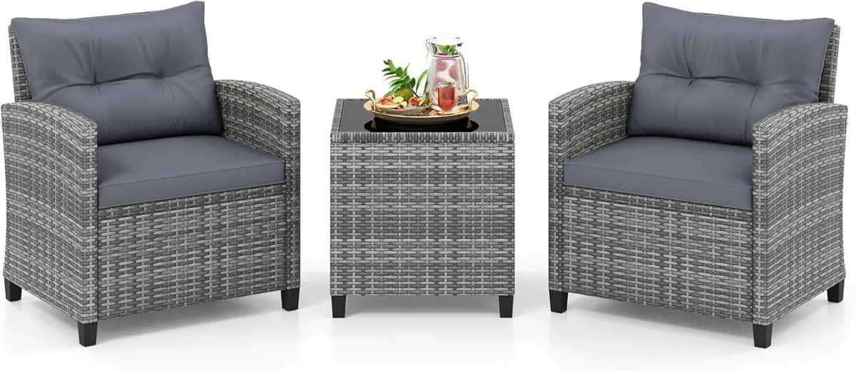 Set Mobili da Esterno in Rattan con Tavolo e Cuscini Morbidi, 3 Pezzi, Ideale per Balcone e Giardino, Grigio