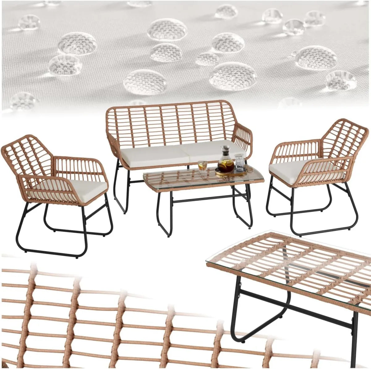 Set Salotto da Esterno in Rattan con Tavolo, Sedie e Divano Imbottiti, Ideale per Balcone e Giardino