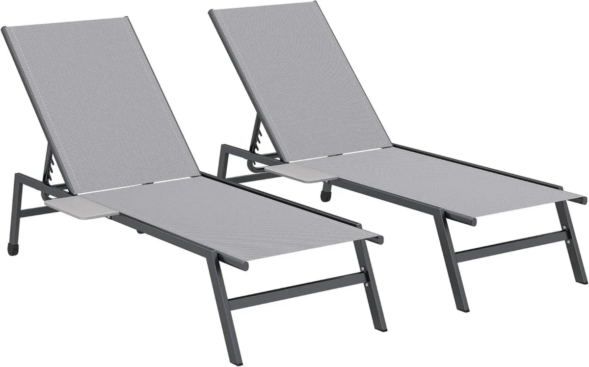 Set 2 Lettini Sdraio con Tavolino, Schienale Regolabile, Texteline, Ruote, Grigio