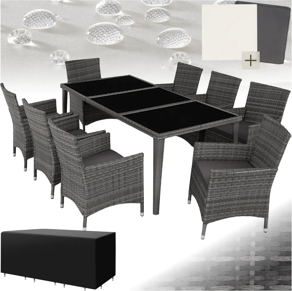 Set Arredo Giardino in Rattan con Tavolo in Vetro e 8 Sedie Regolabili - Grigio
