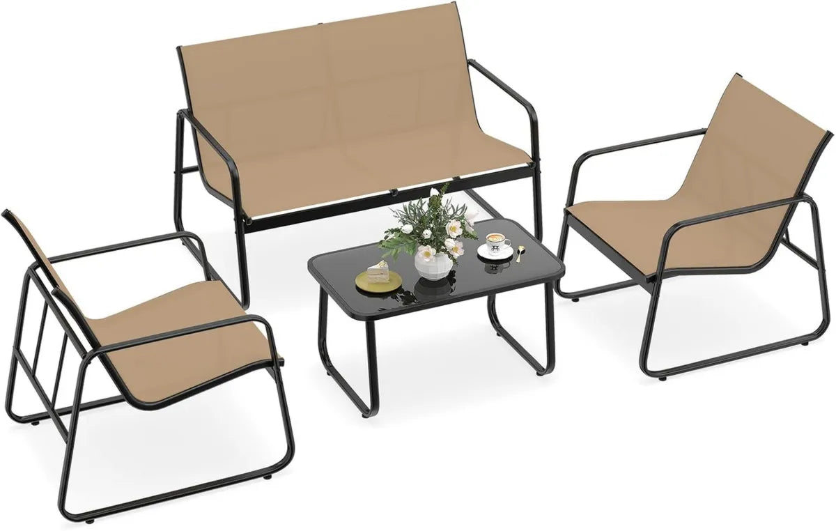COSTWAY Set da Giardino 4 Pezzi in Textilene, Tavolo in Vetro e Sedie Resistente Fino a 150 kg, Panca 300 kg, Ideale per Cortile e Terrazza, Colore Marrone