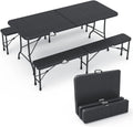 Set da Birreria Pieghevole in Rattan con Tavolo e Panche - 180 cm, Nero