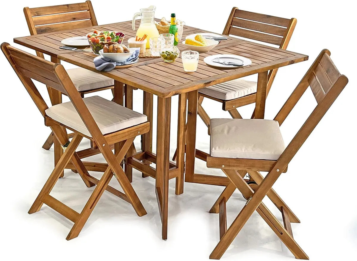 Set pieghevole da esterno in acacia con 4 sedie, ideale per giardino e campeggio