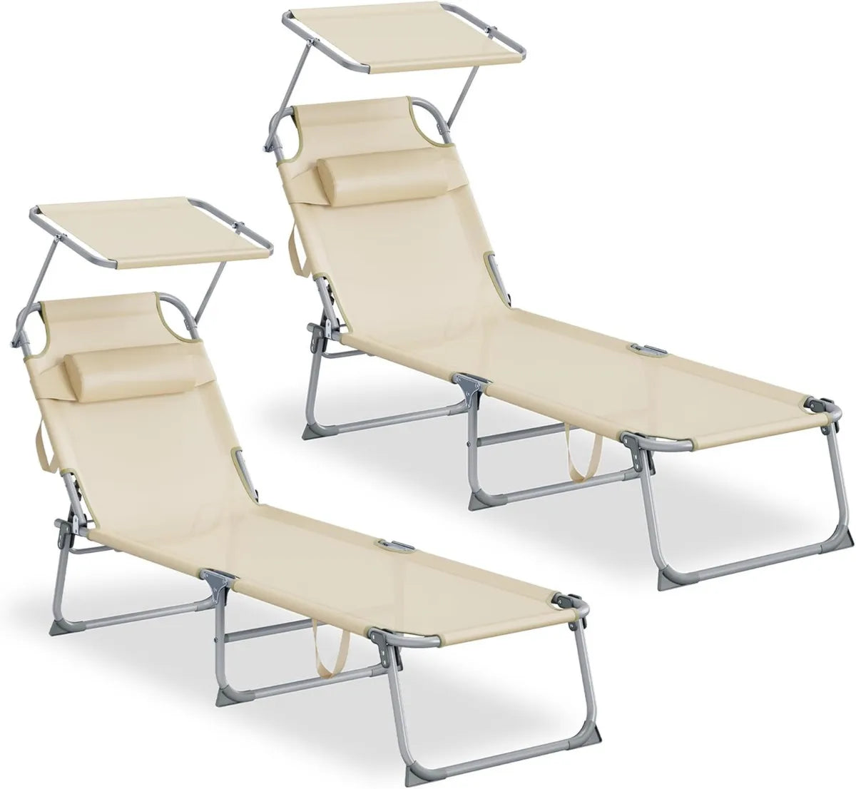 Sedie a Sdraio Pieghevoli con Cuscini e Parasole, Set da 2, Beige