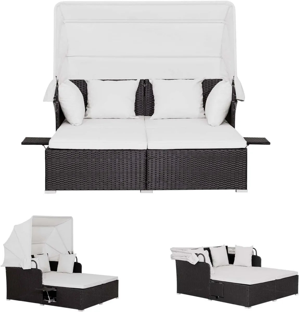 Set da Giardino in Rattan PE, Divano Letto Matrimoniale con Tettuccio, Tavolino e Cuscini, 165x153x138 cm (Bianco)