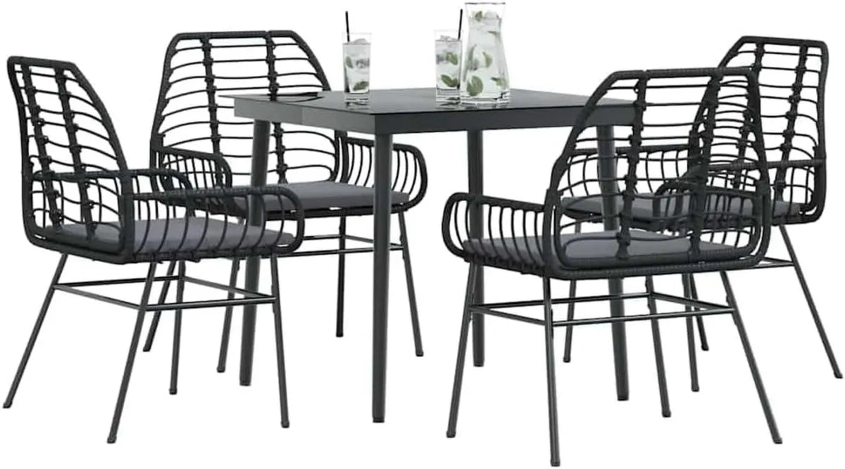 Set mobili da giardino in rattan sintetico resistente, 5 pezzi con cuscini e tavolo in vetro
