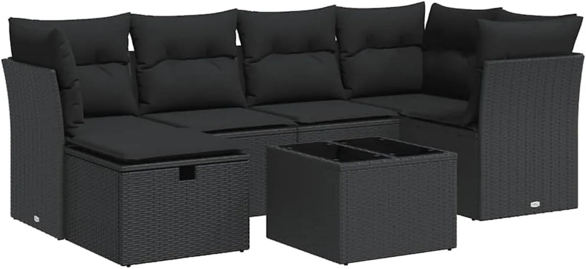 Set di Arredi da Giardino in Polyrattan Nero con Cuscini e Copertura Impermeabile