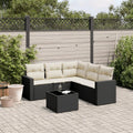 Set mobili giardino in polyrattan nero con cuscini, tavolino in vetro e vano portaoggetti resistente all'acqua