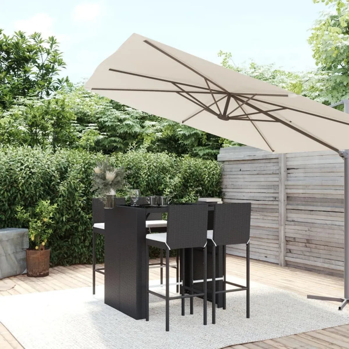 Set mobili da giardino in rattan nero con cuscini, 5 pezzi
