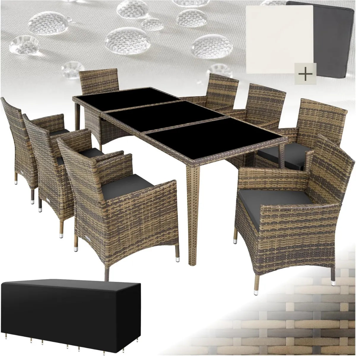 Set da Giardino in Rattan con Tavolo in Vetro e 8 Sedie Regolabili