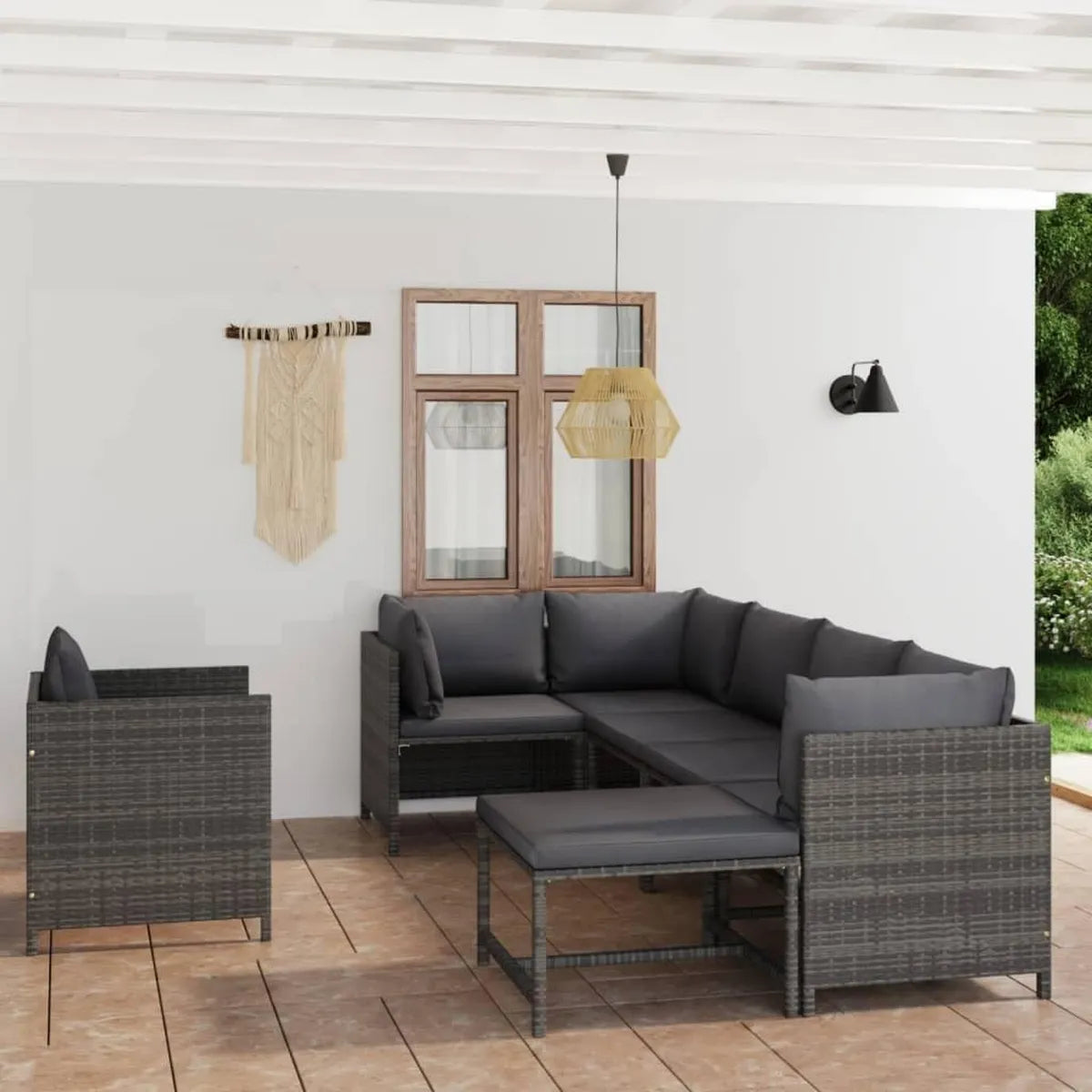 Set di 7 sedie da giardino in rattan sintetico grigio con cuscini, mobili modulari da esterno per terrazze e balconi, resistenti alle intemperie