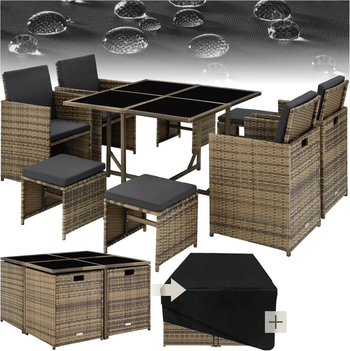 Set Mobili Esterni in Rattan Bilbao, Tavolo con 4 Sedie e Sgabelli, Struttura Acciaio e Rattan, Ideale per Giardino e Terrazza