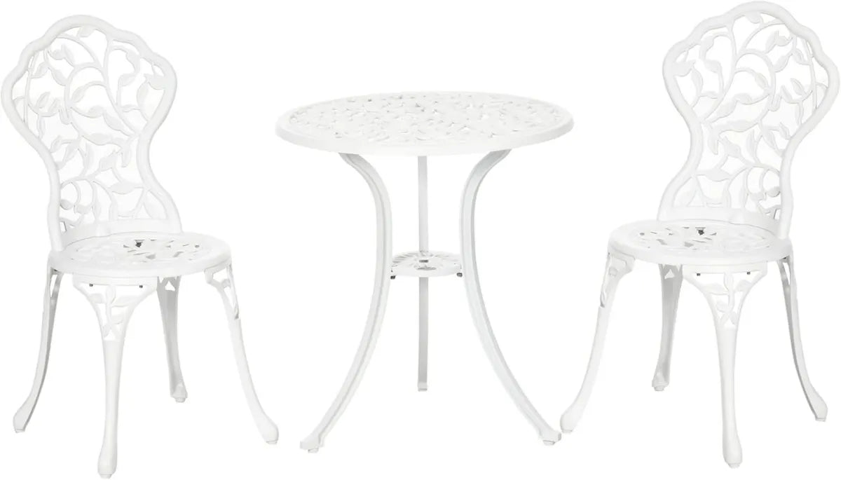 Set da Giardino in Alluminio Bianco con Motivo Floreale, 2 Sedie e Tavolino Rotondo