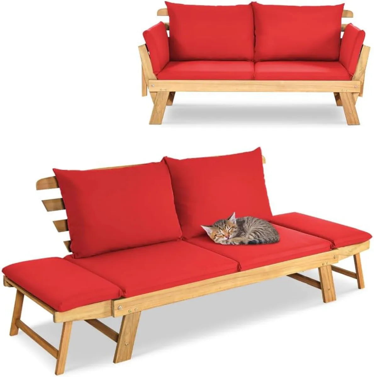 Divano Letto Pieghevole Moderno per Due Persone con Materasso, Struttura in Legno, Grigio/Beige/Rosso