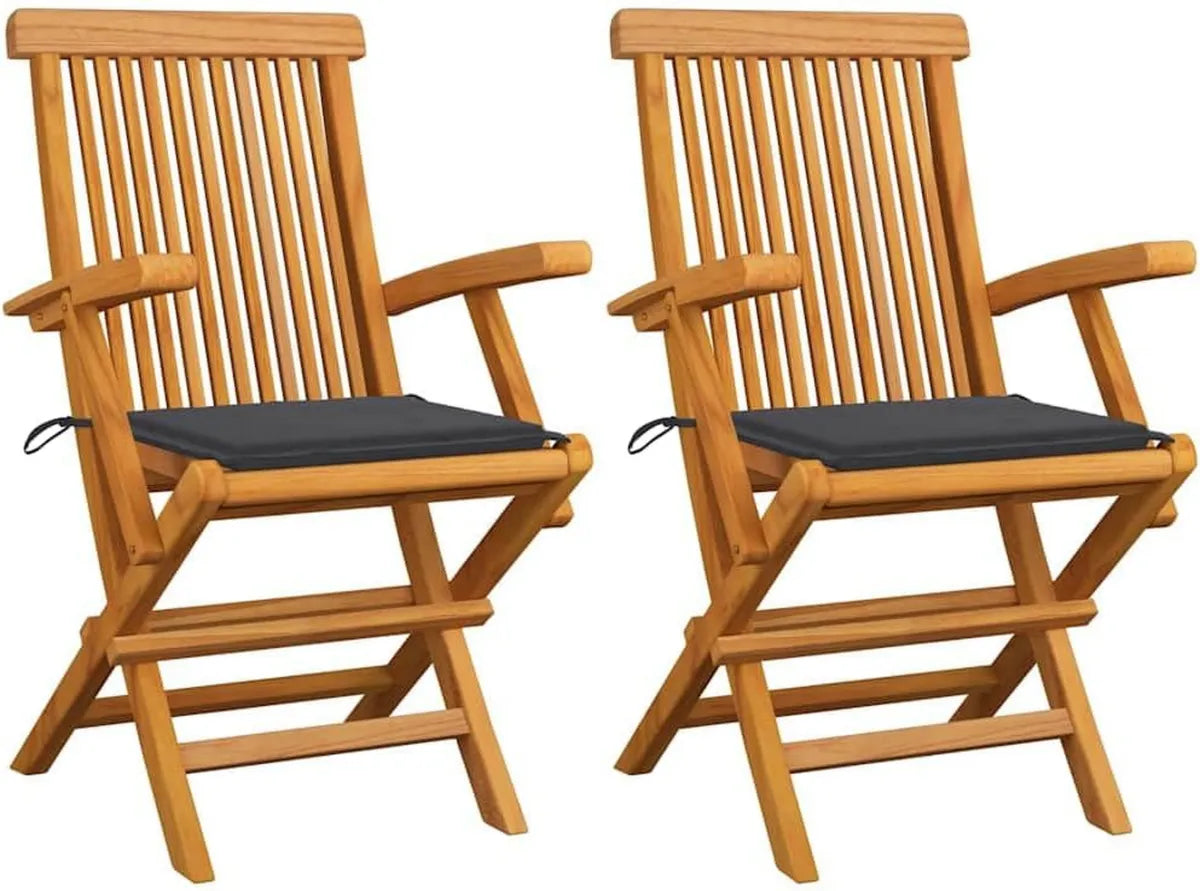 Set di 2 Sedie Pieghevoli in Teak con Cuscino Antracite per Esterni