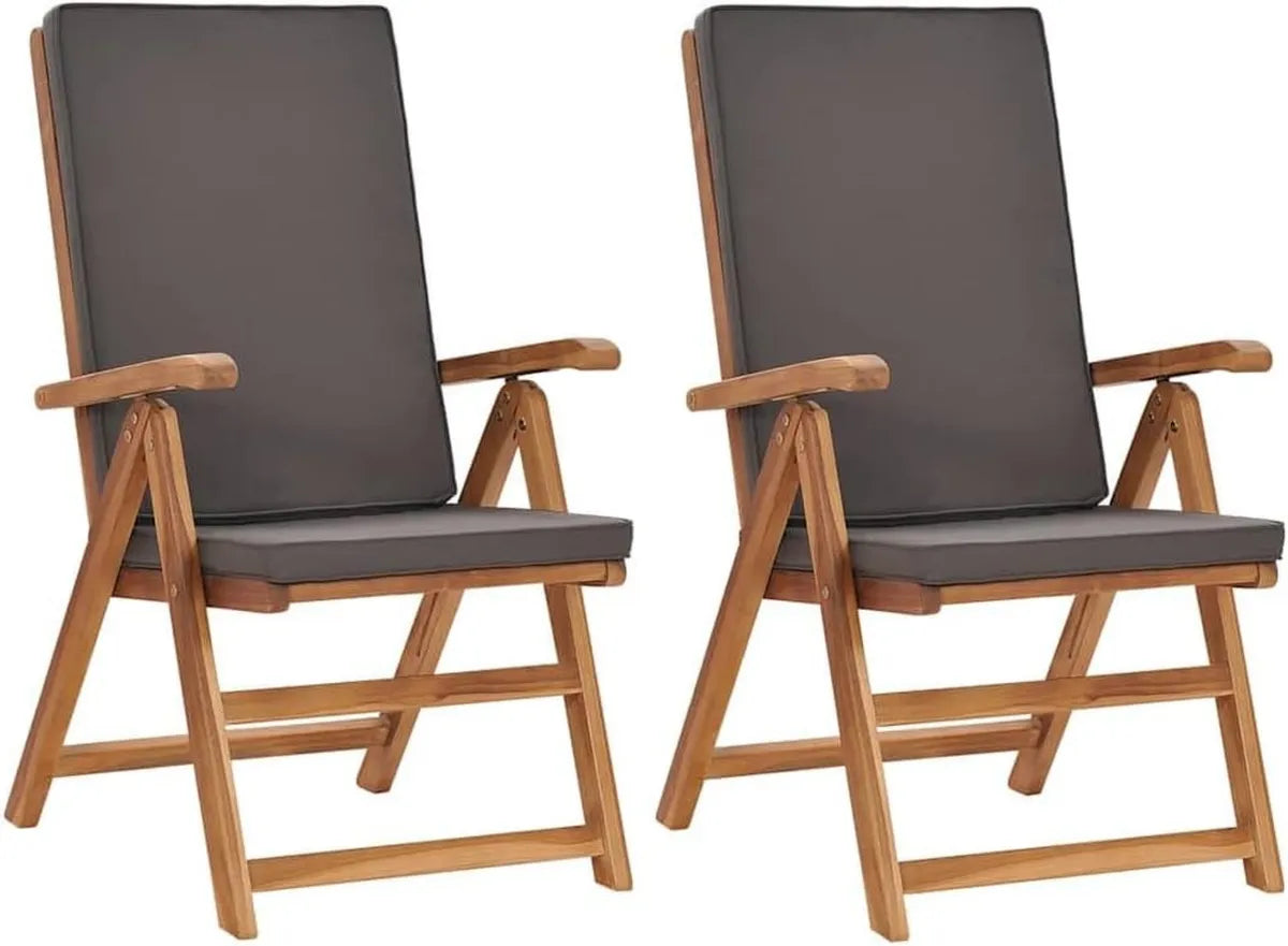 Set di 2 sedie da giardino in teak grigio con schienale regolabile e cuscini imbottiti