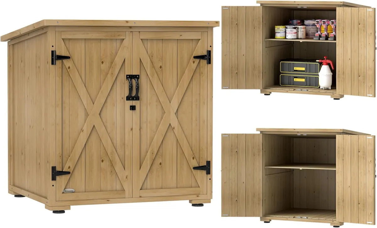 Outsunny Armadio da Giardino in Legno di Abete con Ripiani Regolabili e Tetto Impermeabile, 77.5x88x90 cm, Colore Naturale