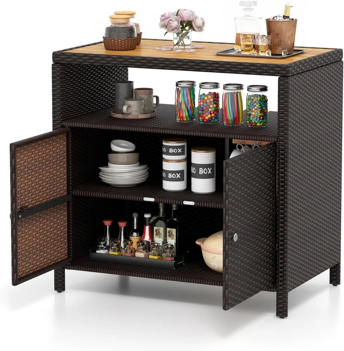 Credenza da Esterno in Rattan e Legno di Acacia con Ante e Ripiano Aperto
