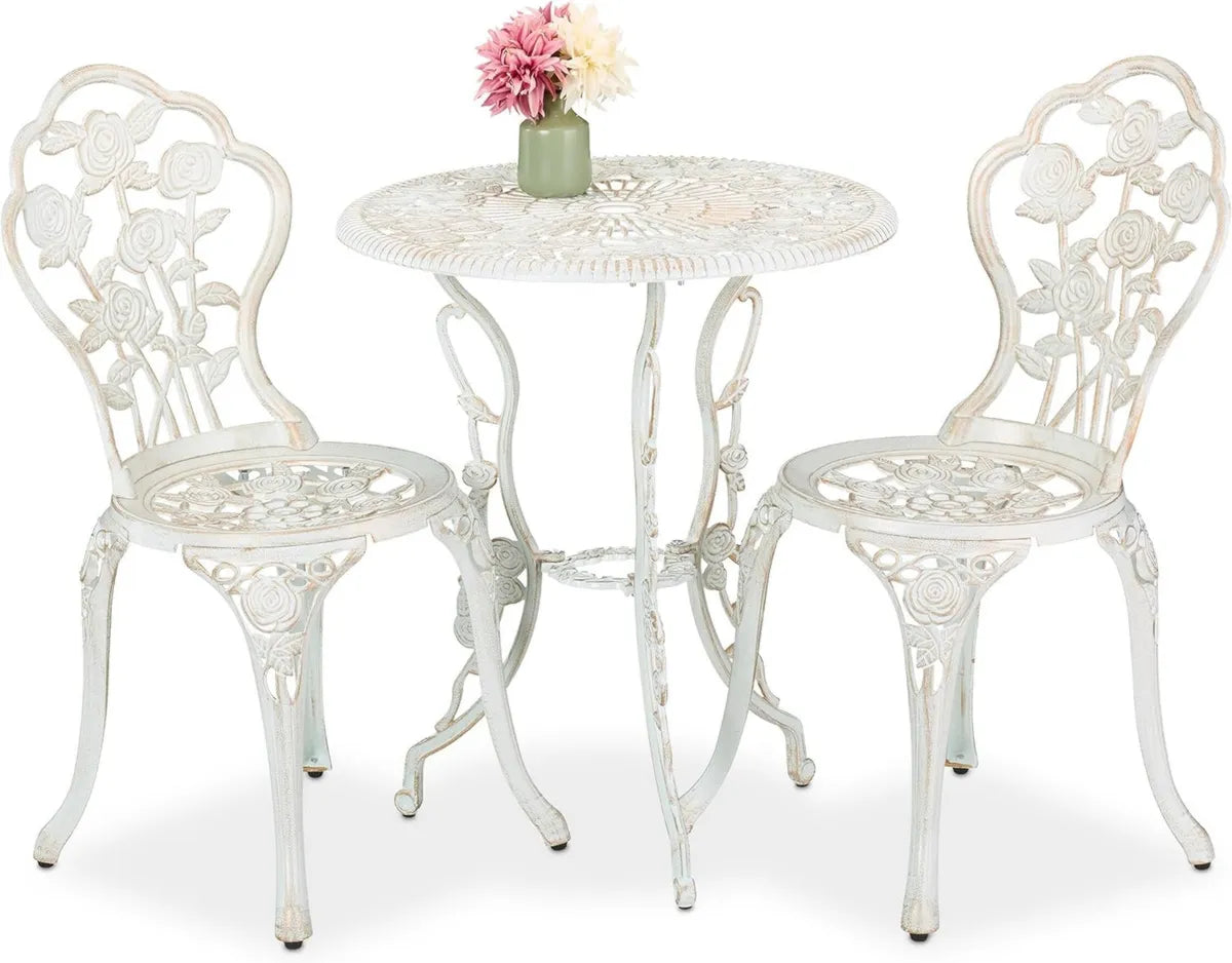 Set Bistrot da Giardino in Alluminio, 3 Pezzi, Stile Ferro Battuto, Colore Bianco Bronzo