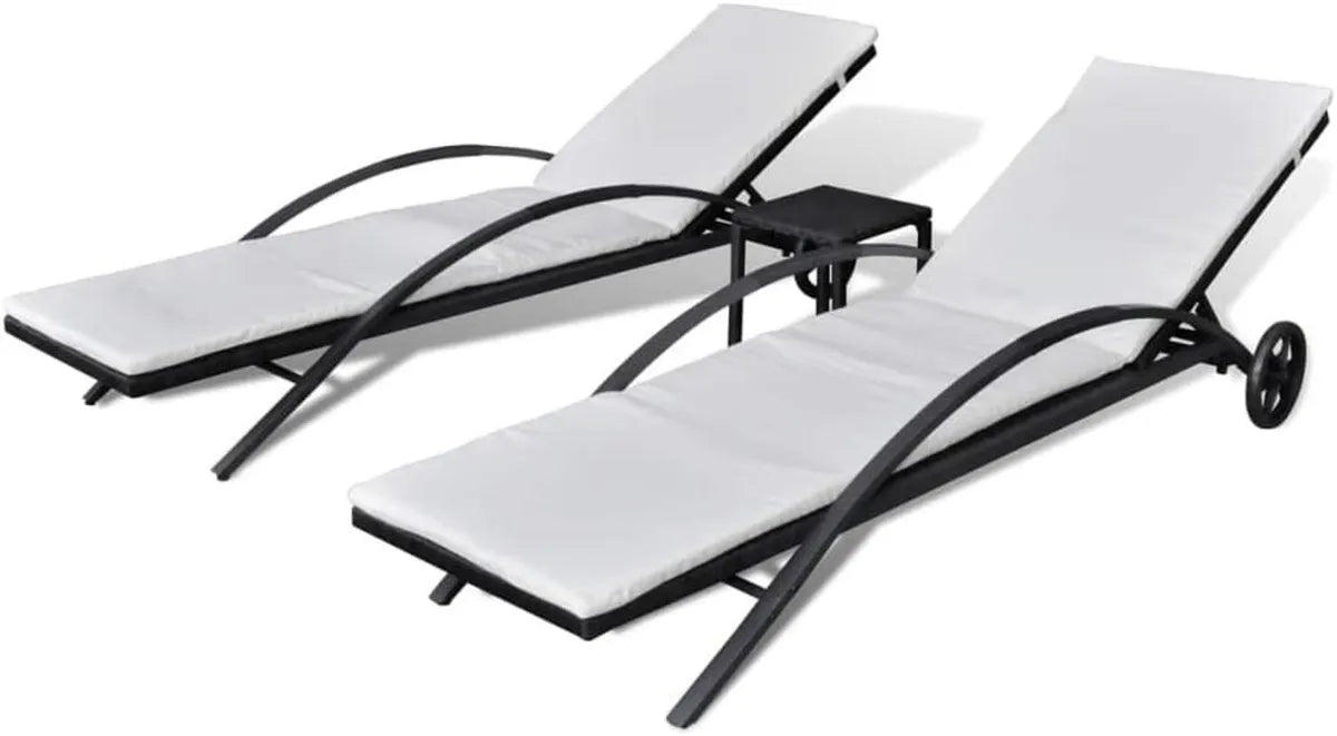 Set di 3 Lettini Prendisole con Tavolino in Rattan Sintetico Nero