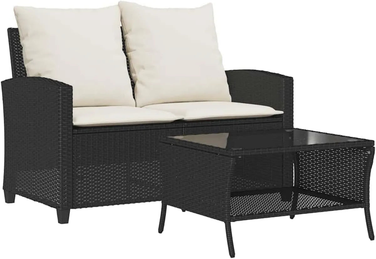 Set da Giardino 2 Posti in Rattan Nero con Cuscini e Tavolino