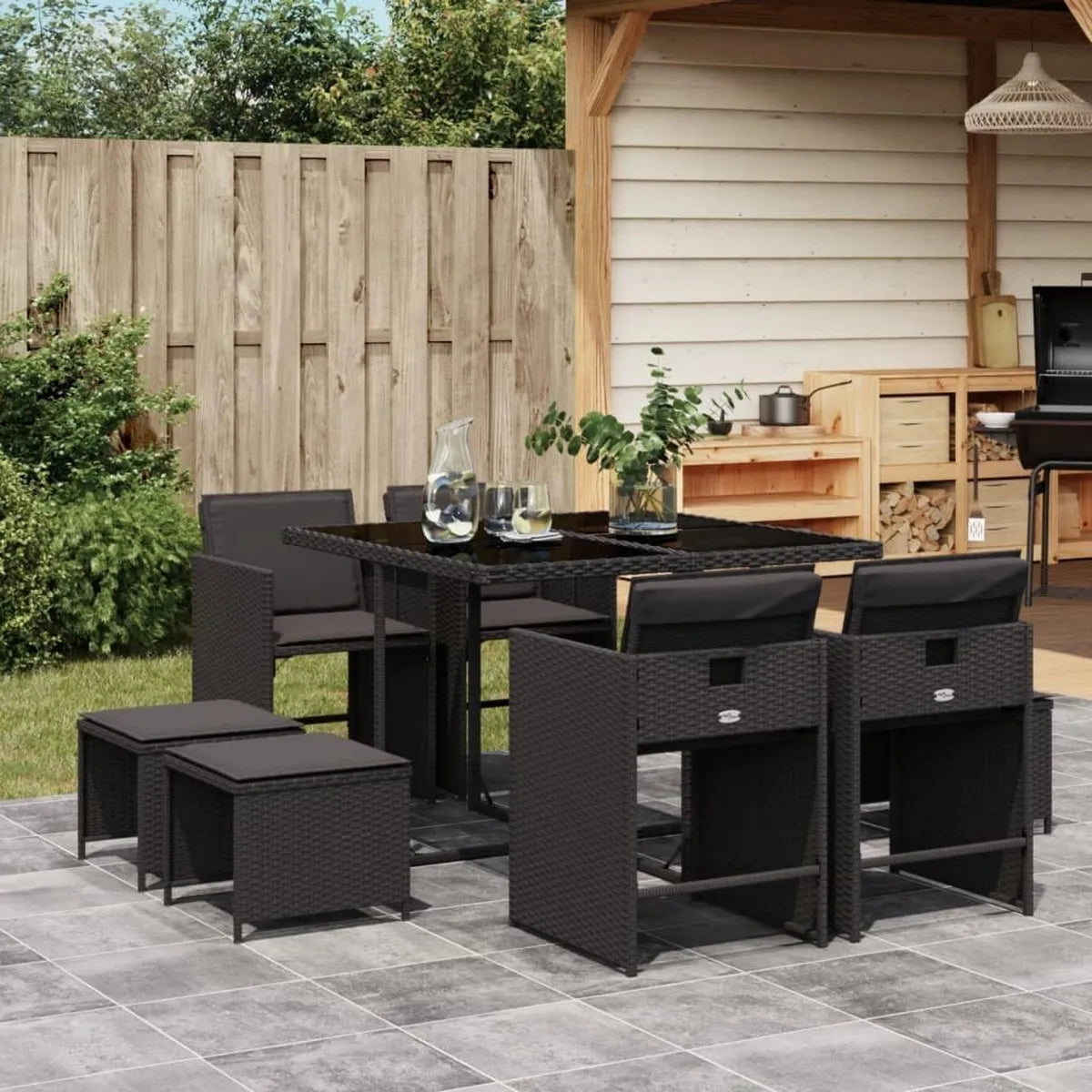 Set da Pranzo da Giardino 9 Pezzi con Cuscini, Mobili in Polyrattan Nero