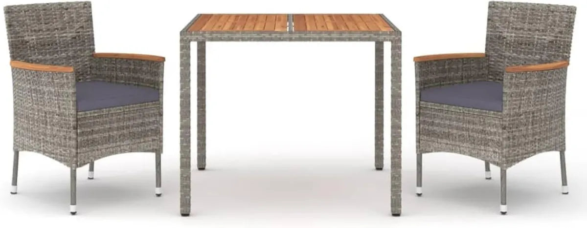 Set Pranzo Giardino 3 Pezzi con Cuscini, Rattan Grigio, Tavolo 90x90cm, Acacia e Acciaio