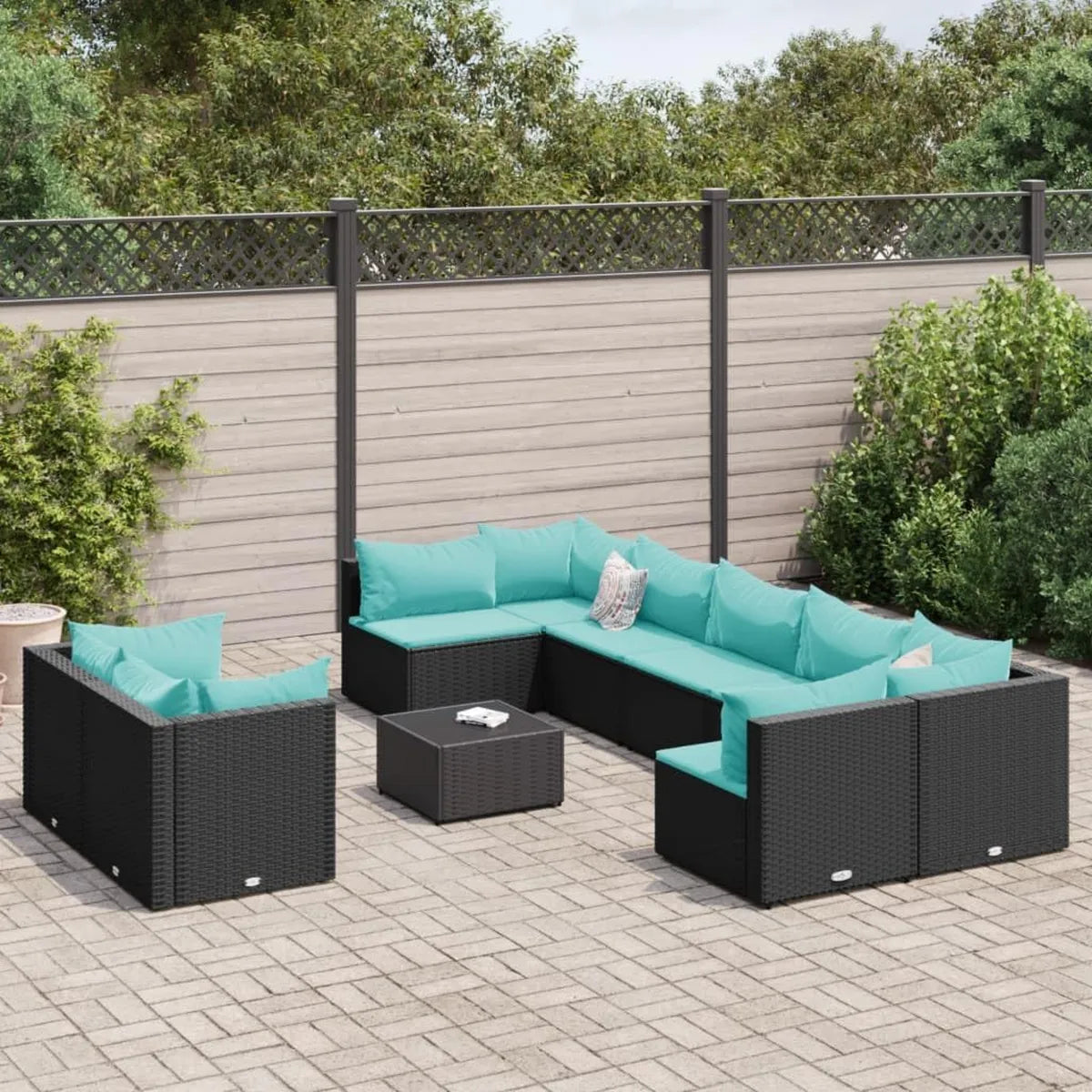 Set Divani da Giardino in Polyrattan Nero con Cuscini, Design Modulare per Esterni