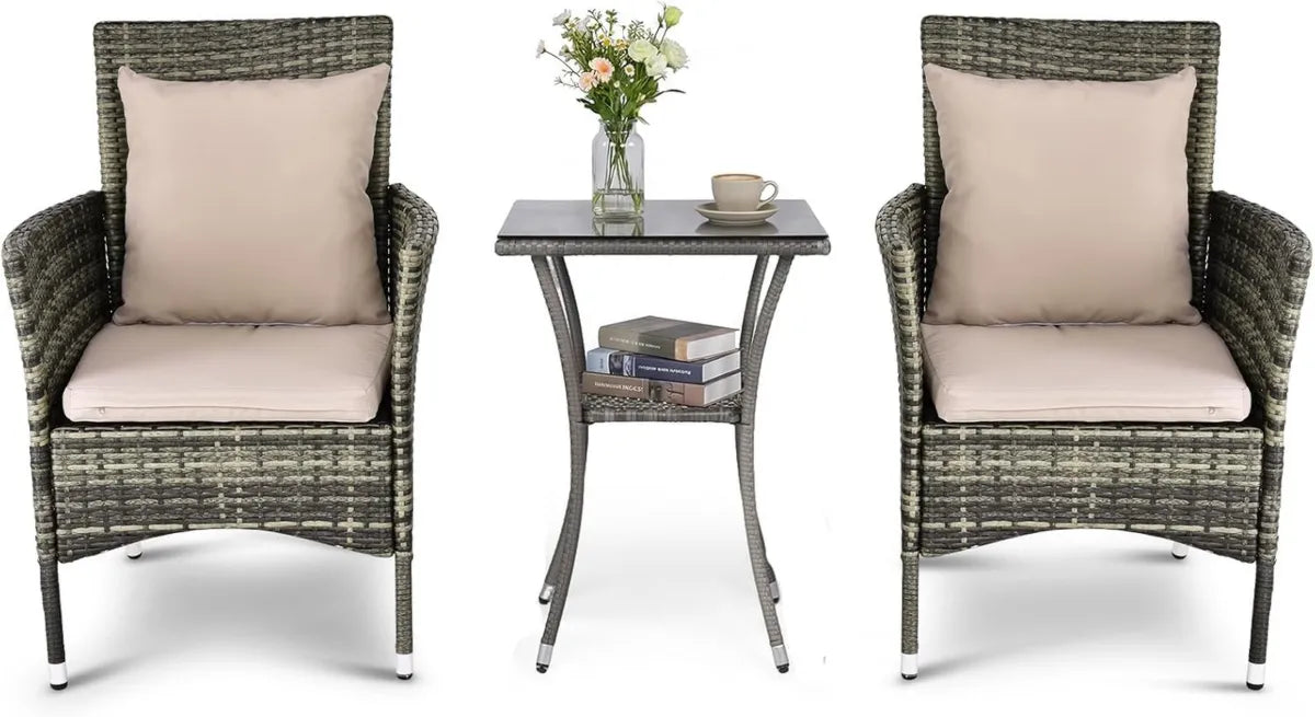 Set Salotto da Giardino in Rattan con Tavolino e Poltrone Imbottite