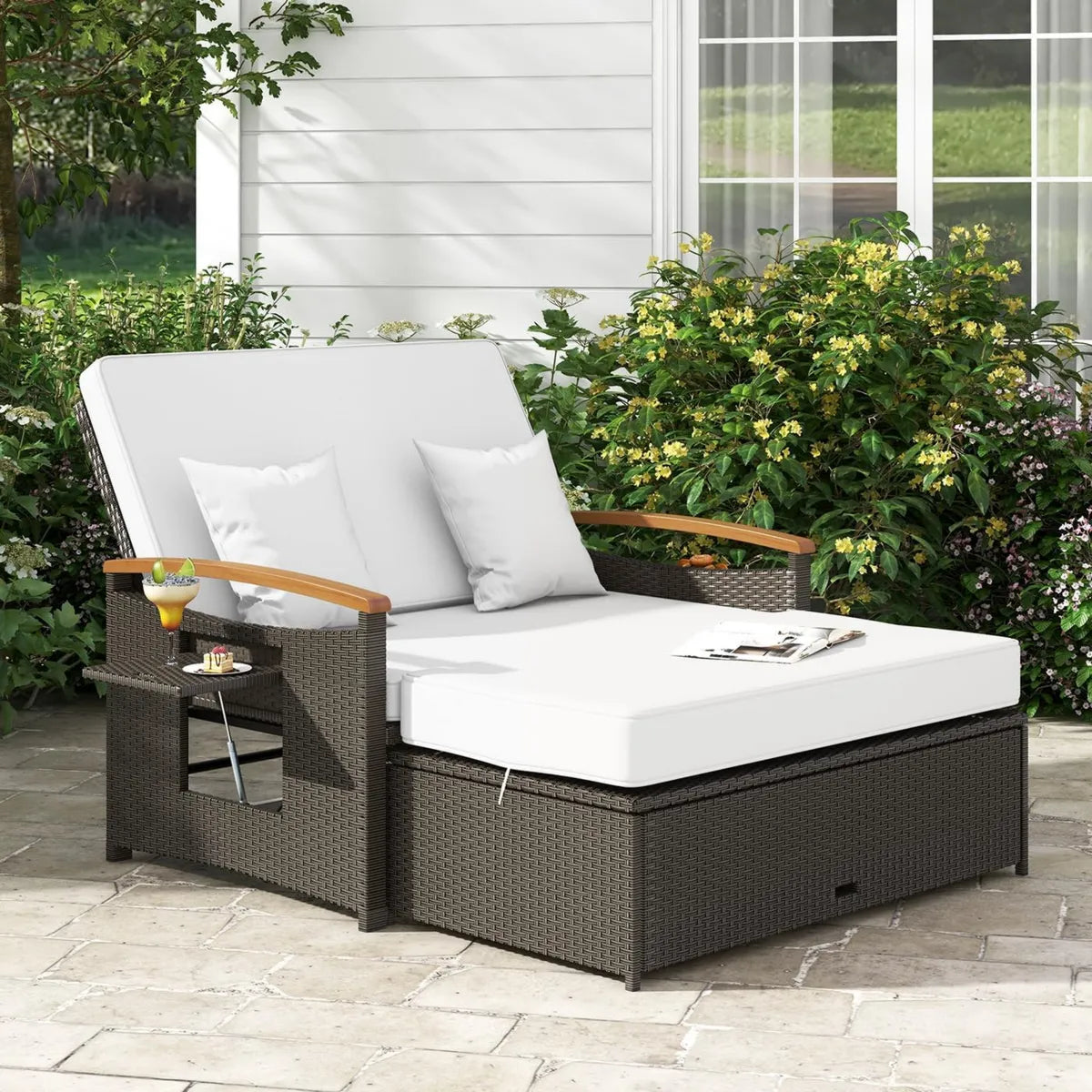 Set di Mobili da Giardino in Rattan, Divano Letto a 2 Posti con Sgabello e Ripiani Laterali, Colore Marrone e Cachi