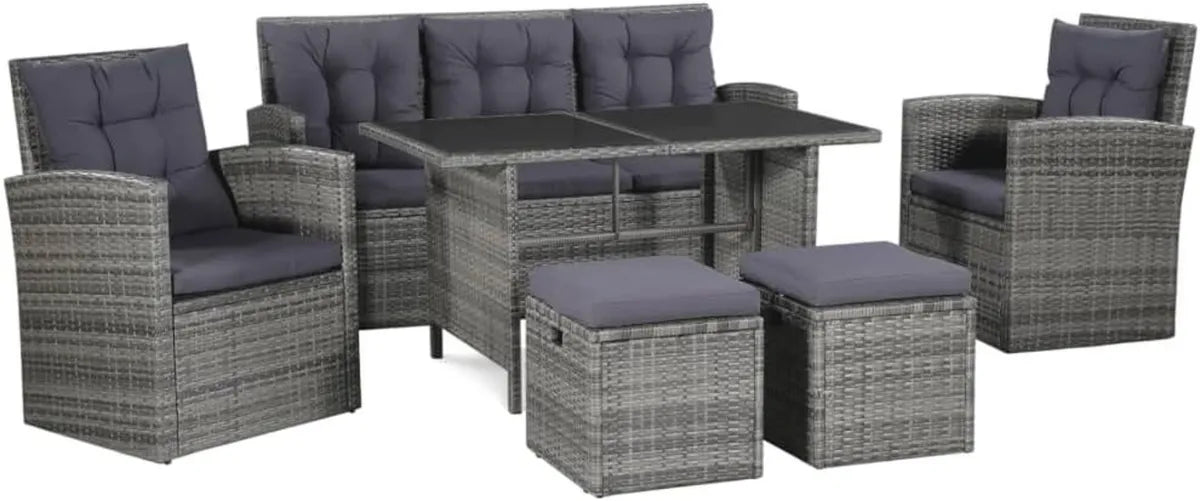 Set Divani da Giardino in Rattan Sintetico Grigio con Pouf