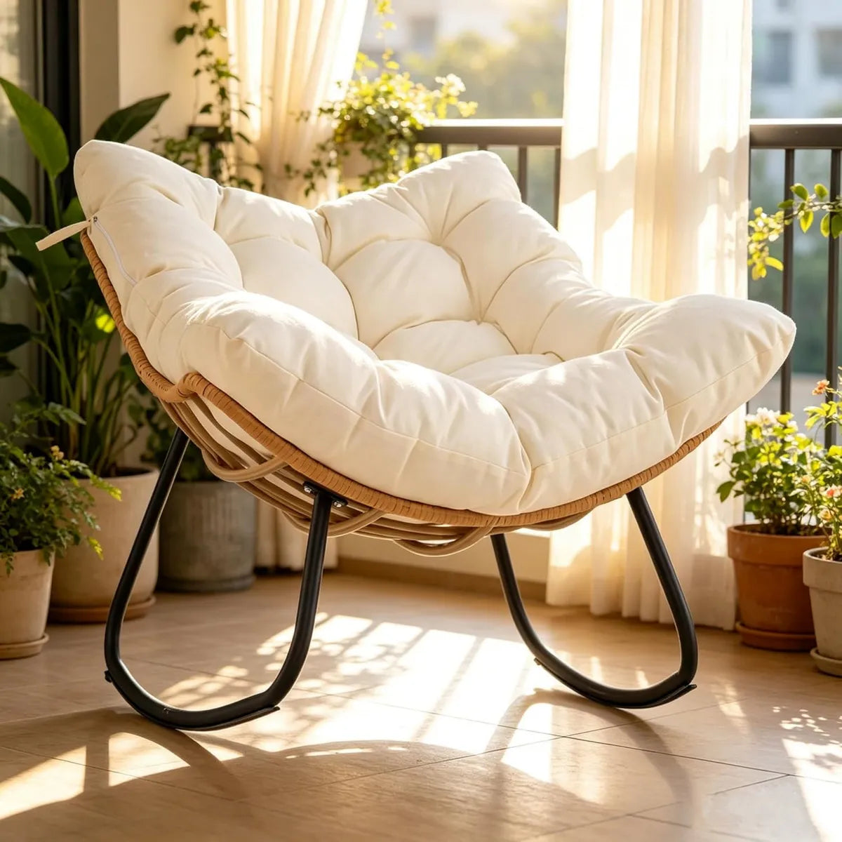 Poltrona a Dondolo in Rattan per Esterno e Interno con Cuscino Rimovibile, Struttura Resistente, 140 kg di Capacità, Ideale per Balcone e Soggiorno