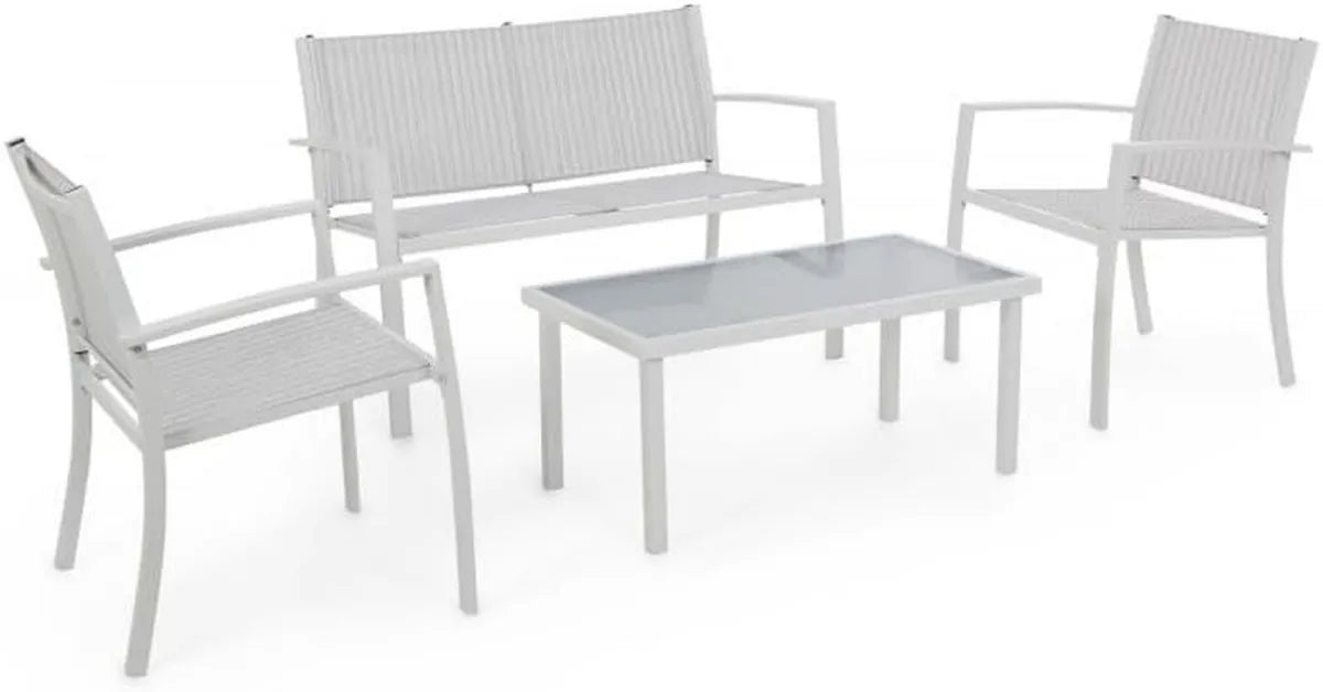Set da Giardino 4 Pezzi: Divano, Poltrone e Tavolino in Vetro per Esterni
