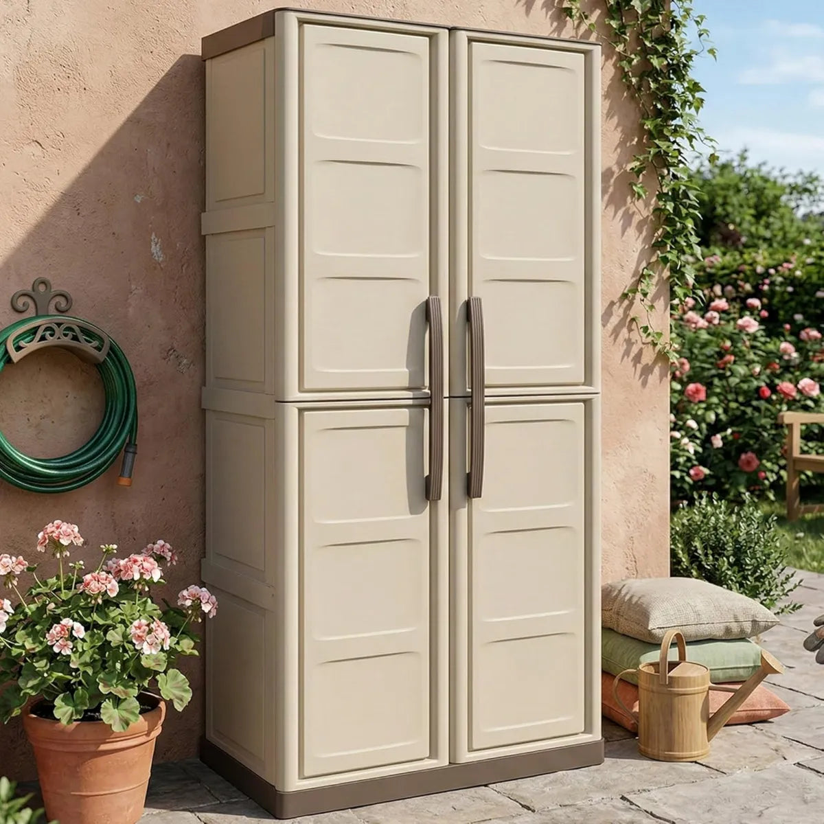 Armadio multiuso da esterno resistente alle intemperie, 2 ante, Made in Italy, Beige/Marrone, 70x39x165 cm