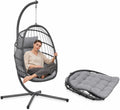 Sedia a Uovo Sospesa da Giardino con Cuscini Antracite, Struttura in Rattan Sintetico e Acciaio, 192 cm, Fino a 160 kg